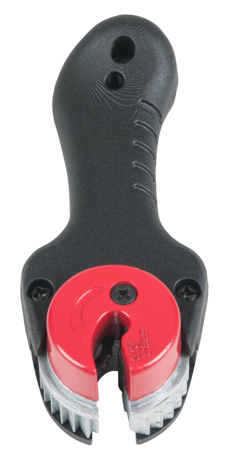 Hand deburring tool with an ergonomic handle and a red, U-shaped cutting head, for smoothing metal edges.