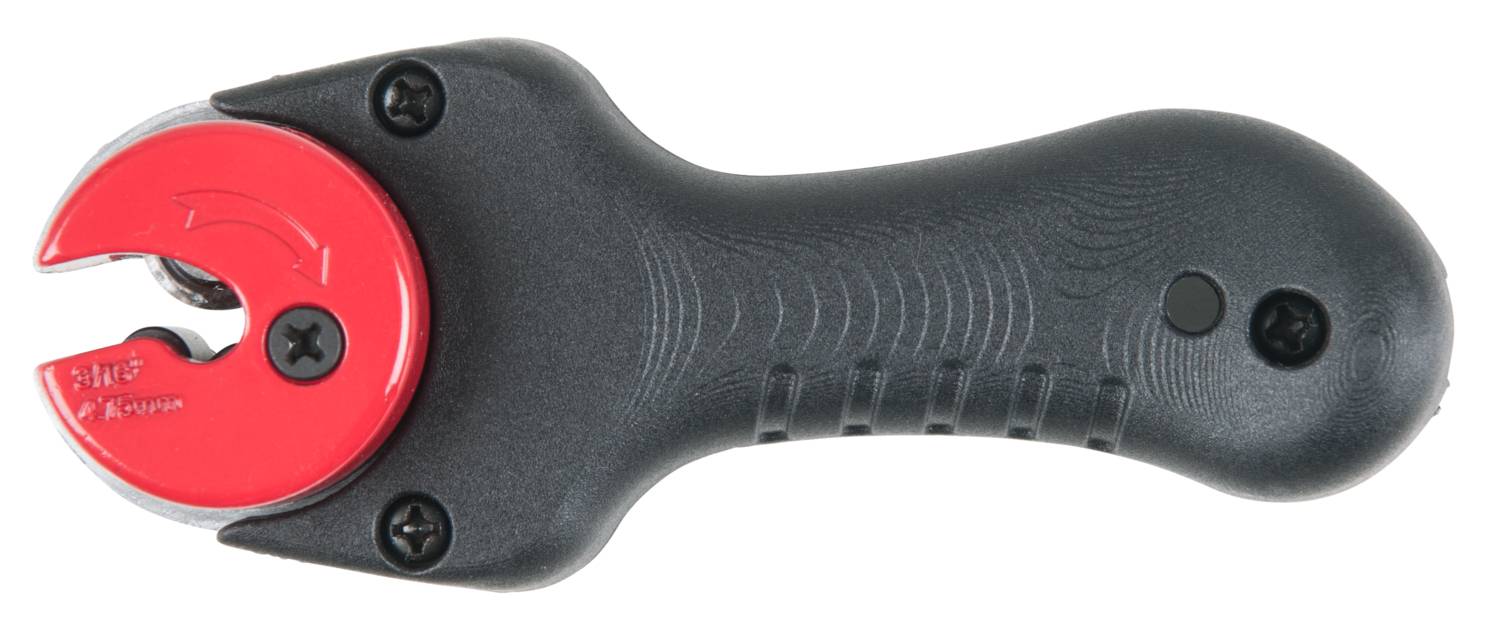 Pipe cutter with black handle and red cutting wheel, suitable for precision pipe cutting in the workshop.