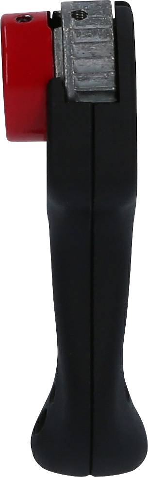 Knife sharpener with a black handle, red protective cap, side view.