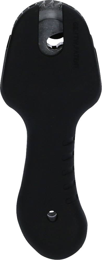'Black grip opener with an oval shape and a small hole at the top. Can be used to open various locks.'