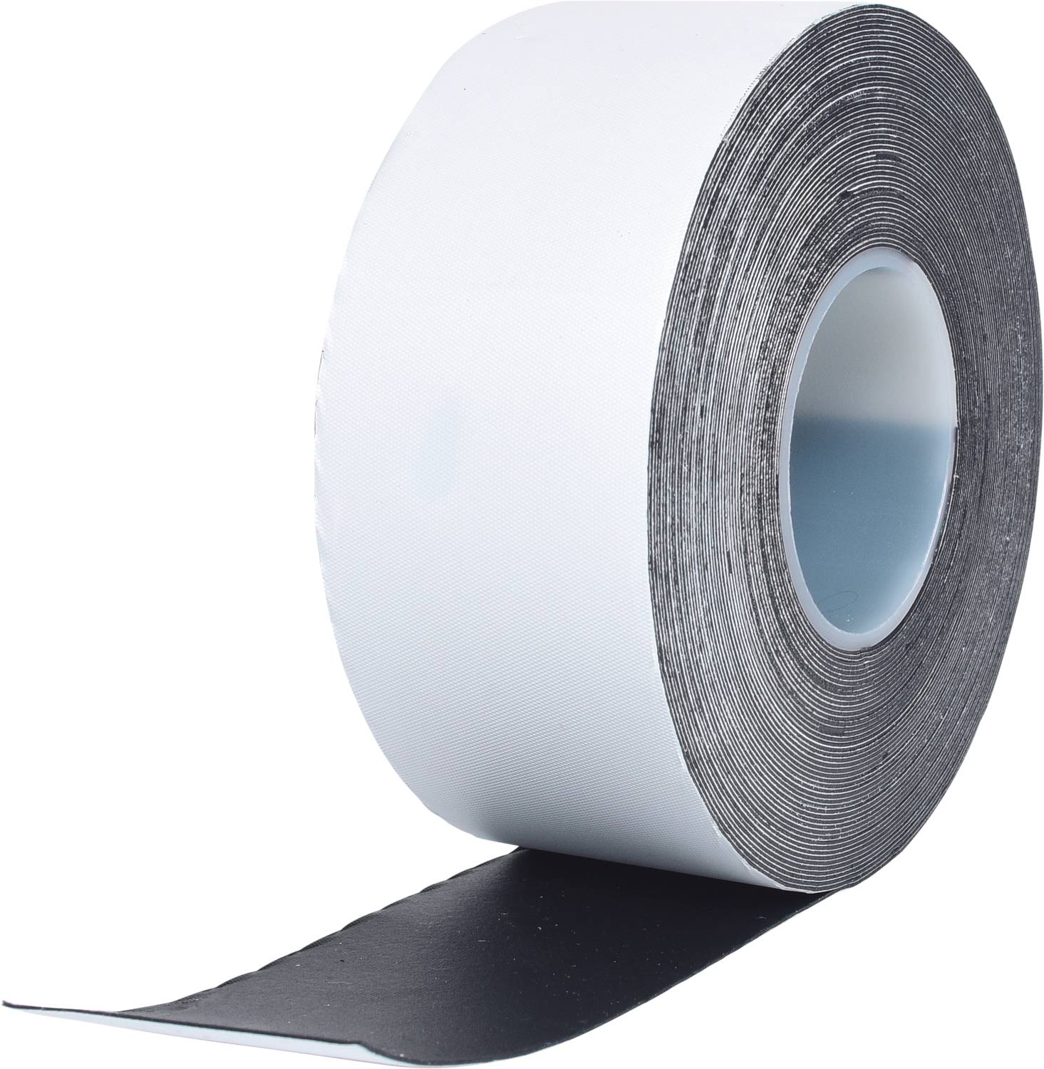 A large roll of white adhesive tape, partially unrolled, with black adhesive material visible. An essential tool for sealing.