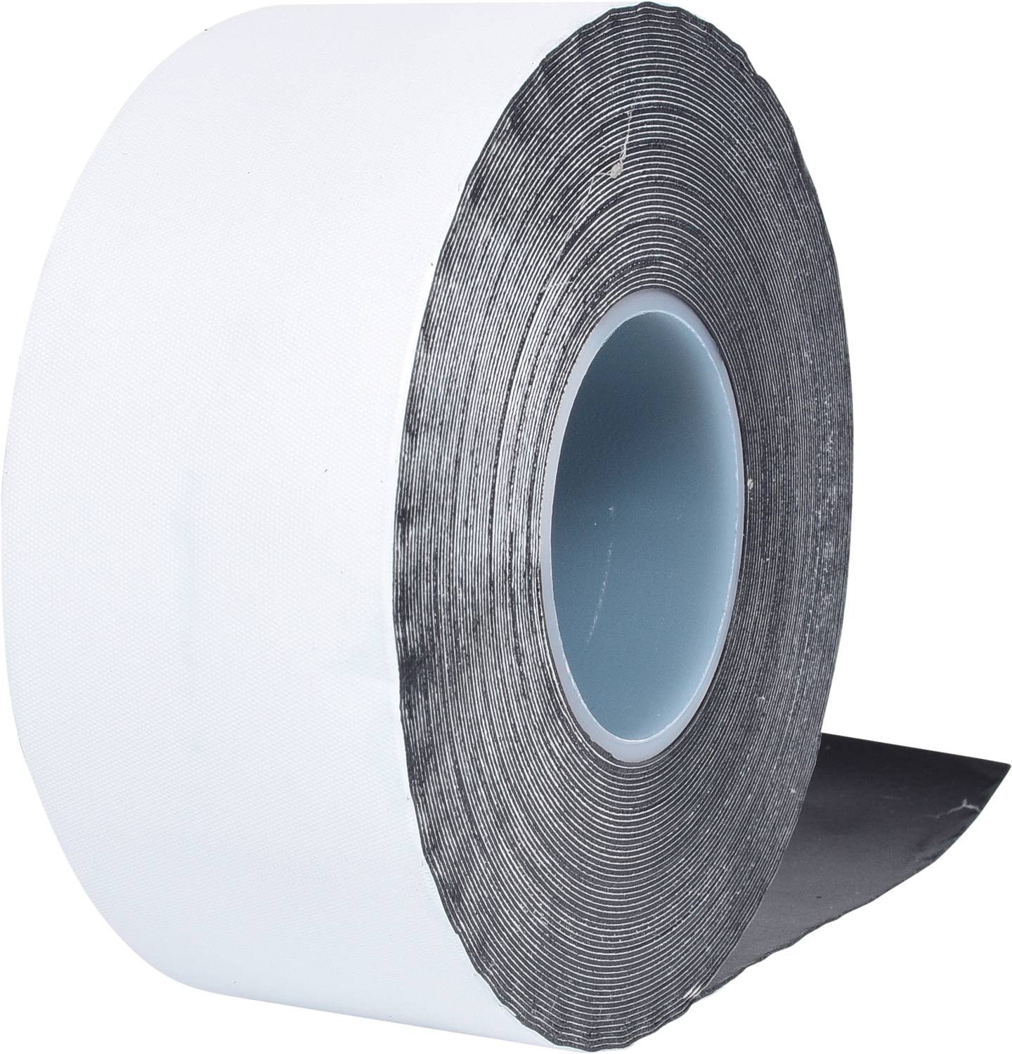 Roll of white sealing tape, partially unrolled, showing the black adhesive backing. It is used for sealing purposes.