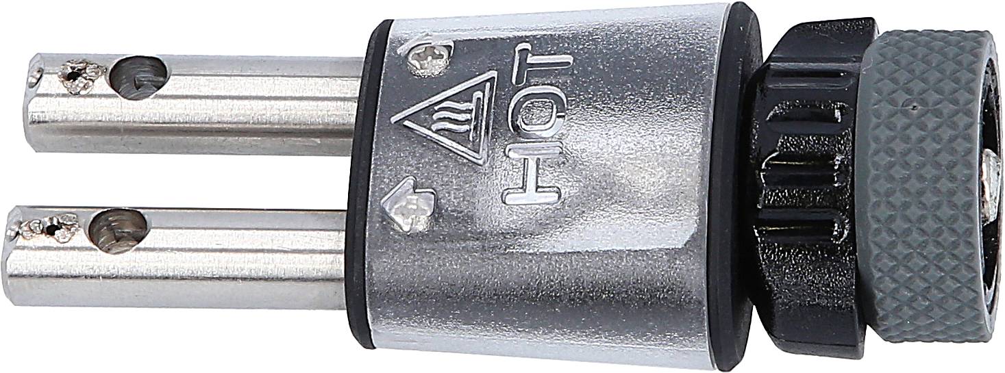 Two-pole plug connector, marked with 'HOT' and warning symbol. Silver metal housing, black and grey plastic components.