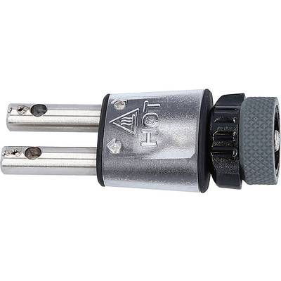 Two-pole plug connector, marked with 'HOT' and warning symbol. Silver metal housing, black and grey plastic components.