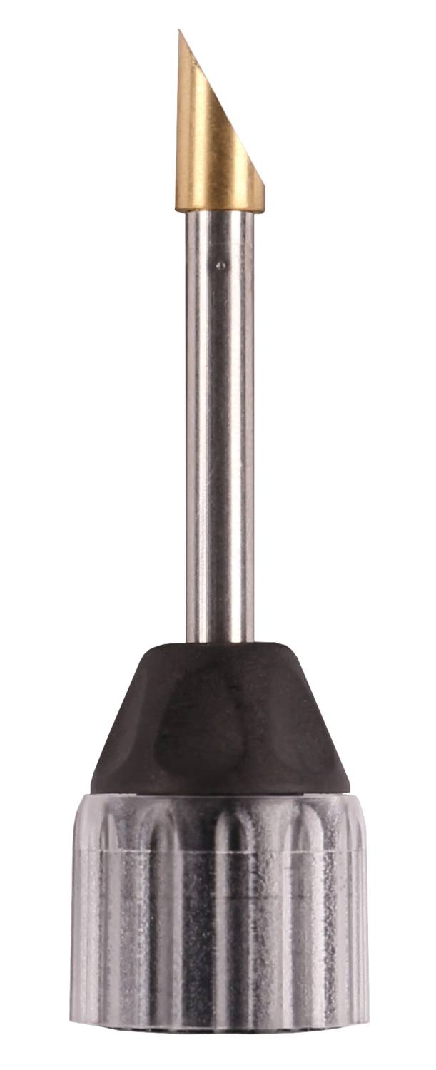 A precision tool with a golden, pointed tip and a silver shaft, suitable for engraving or cutting.