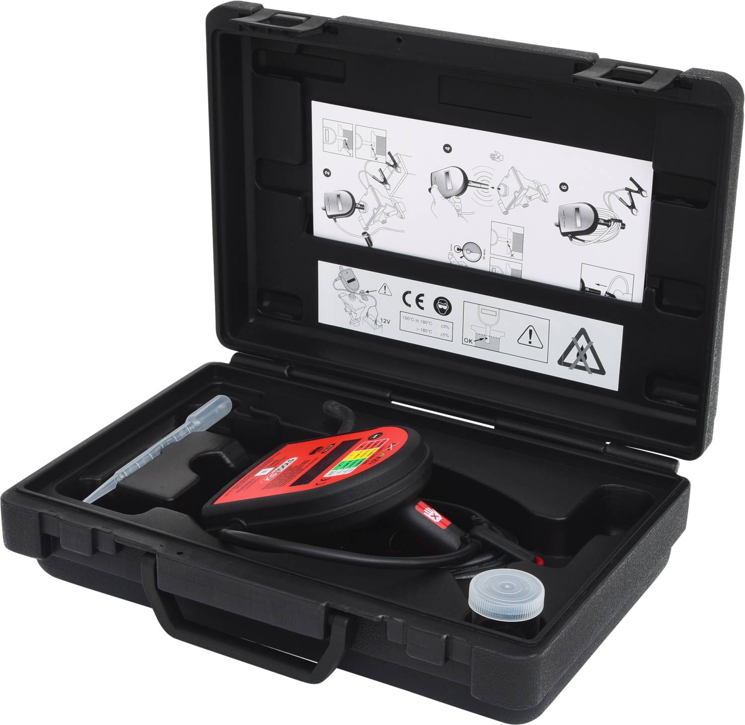 An open toolkit with an electronic device. Internal labels show safety instructions and operating guidelines.