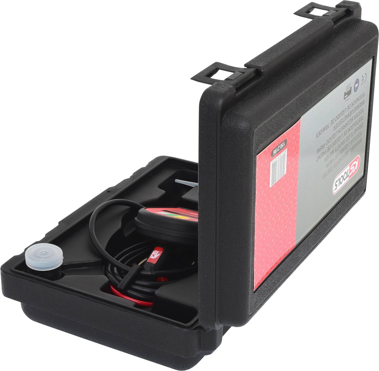 Black tool case, partially open, with cables and sensor components inside.