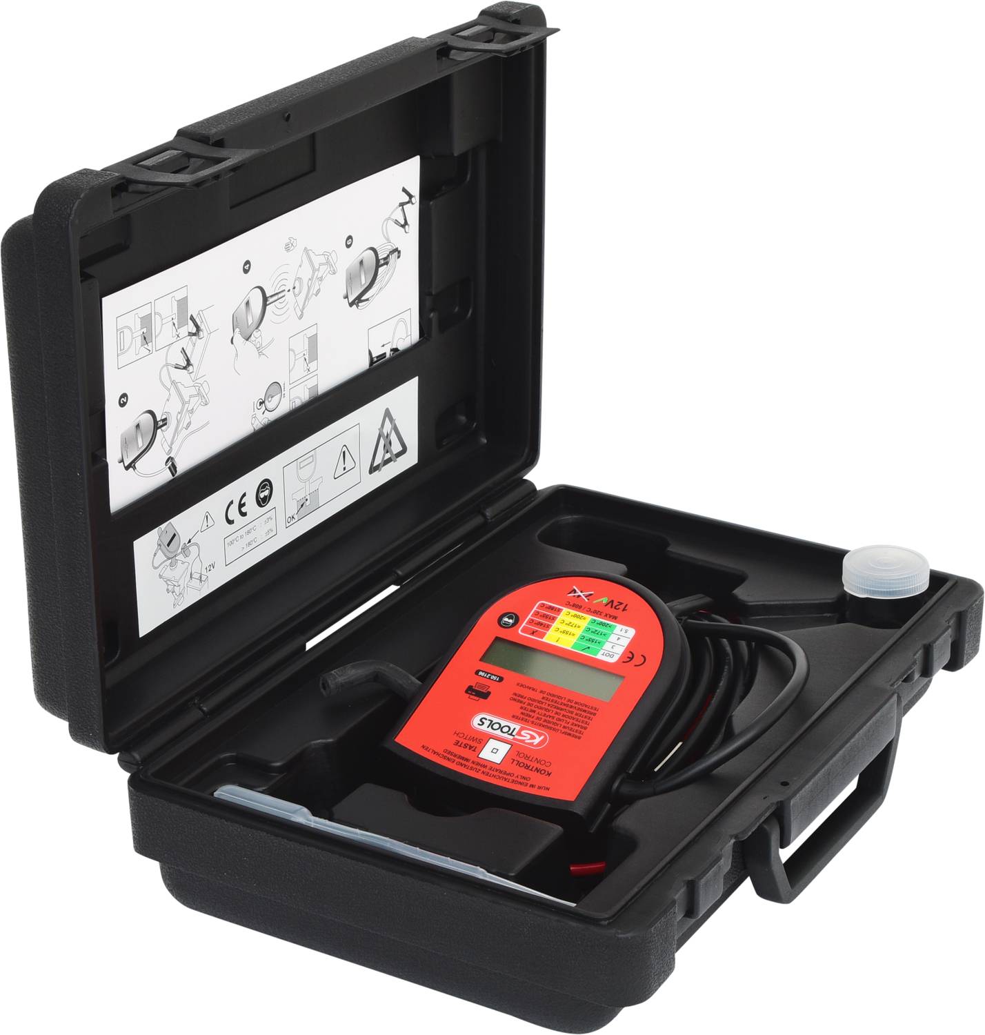 An open suitcase contains a red diagnostic device with cables. The case lid displays an instruction manual with illustrations.