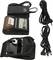 A portable printer with charger, cables, and a protective case. The printer has an LCD display and control buttons.