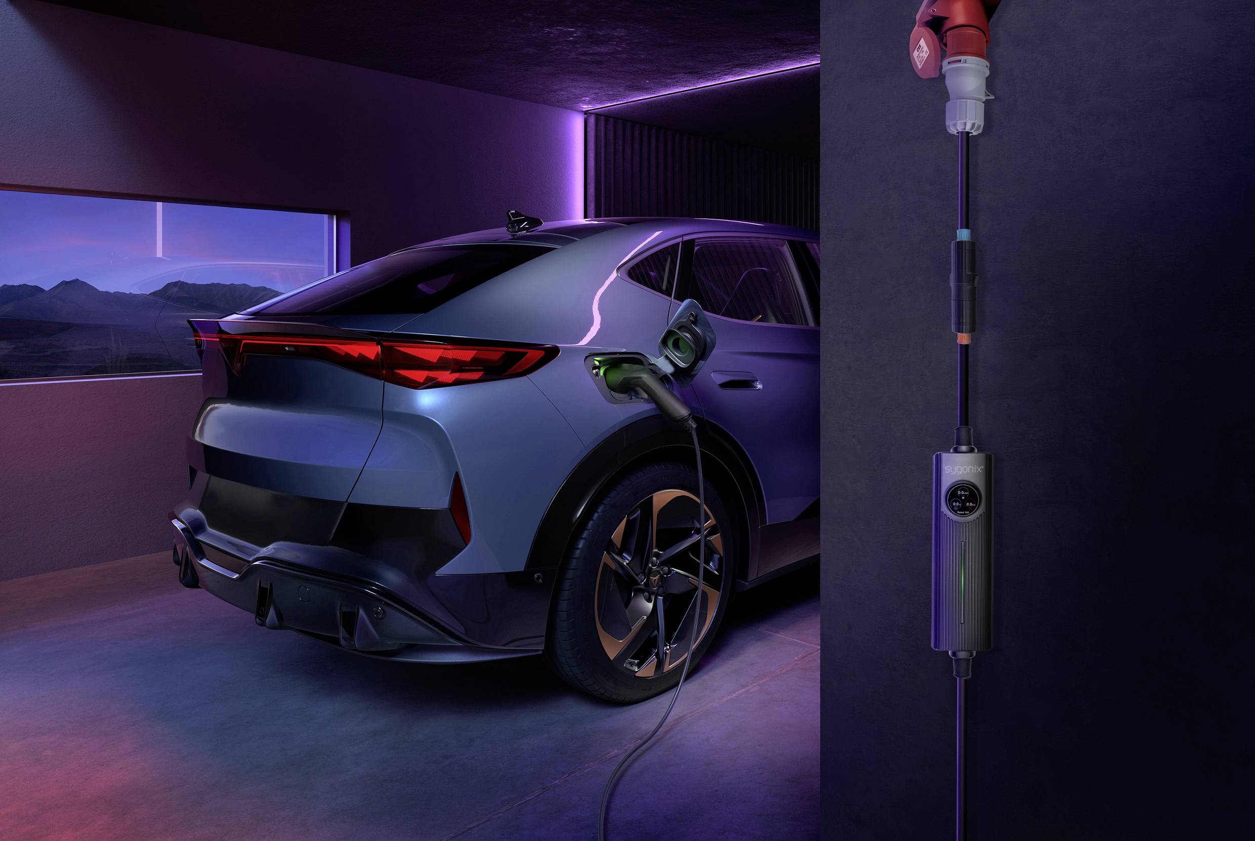 A grey electric car is being charged in a futuristic garage. Neon lights illuminate the room and the charging station.