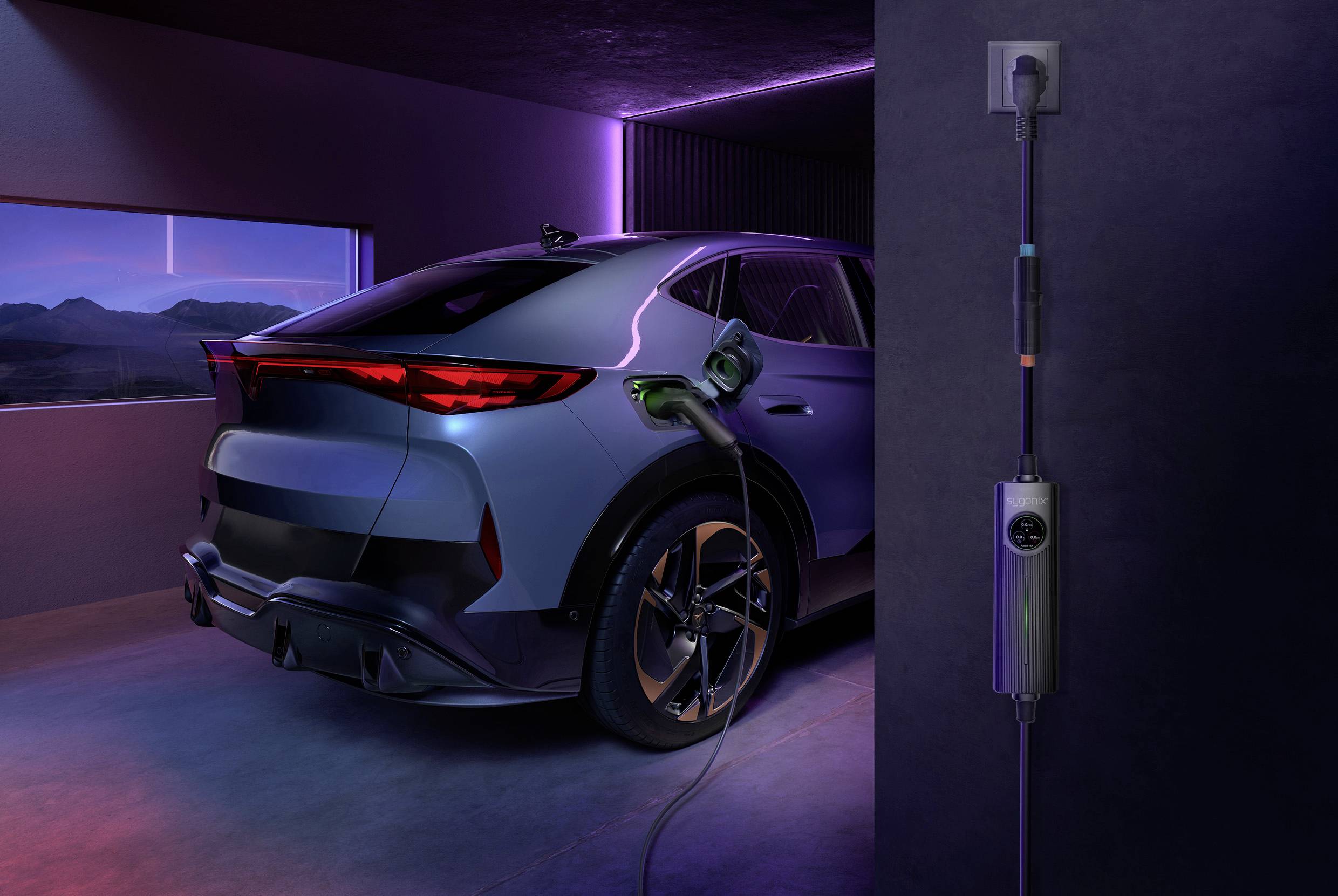 An electric car is parked in a modern garage and is being charged at a wall-mounted charging point. Twilight scene with violet lighting.