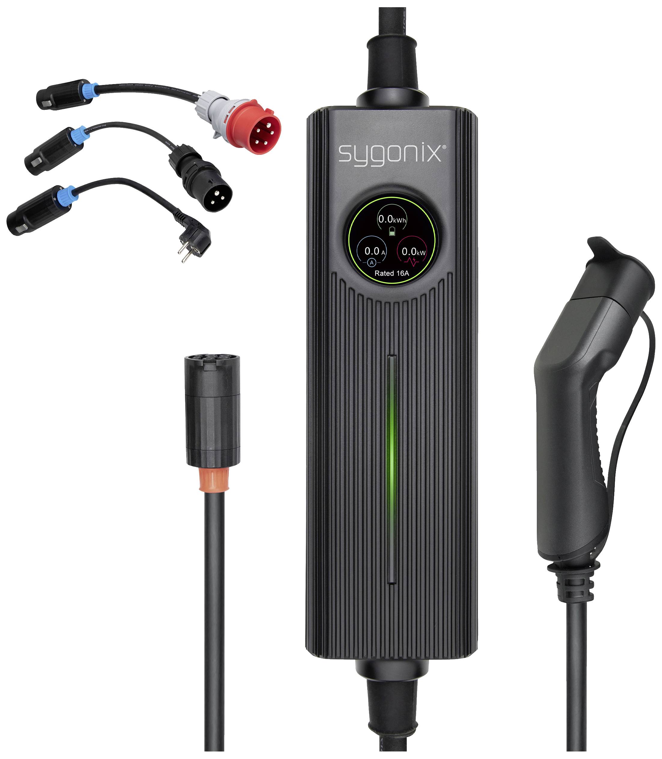 A portable charger by sygonix for electric vehicles with multiple plug connections and a display for charging status.