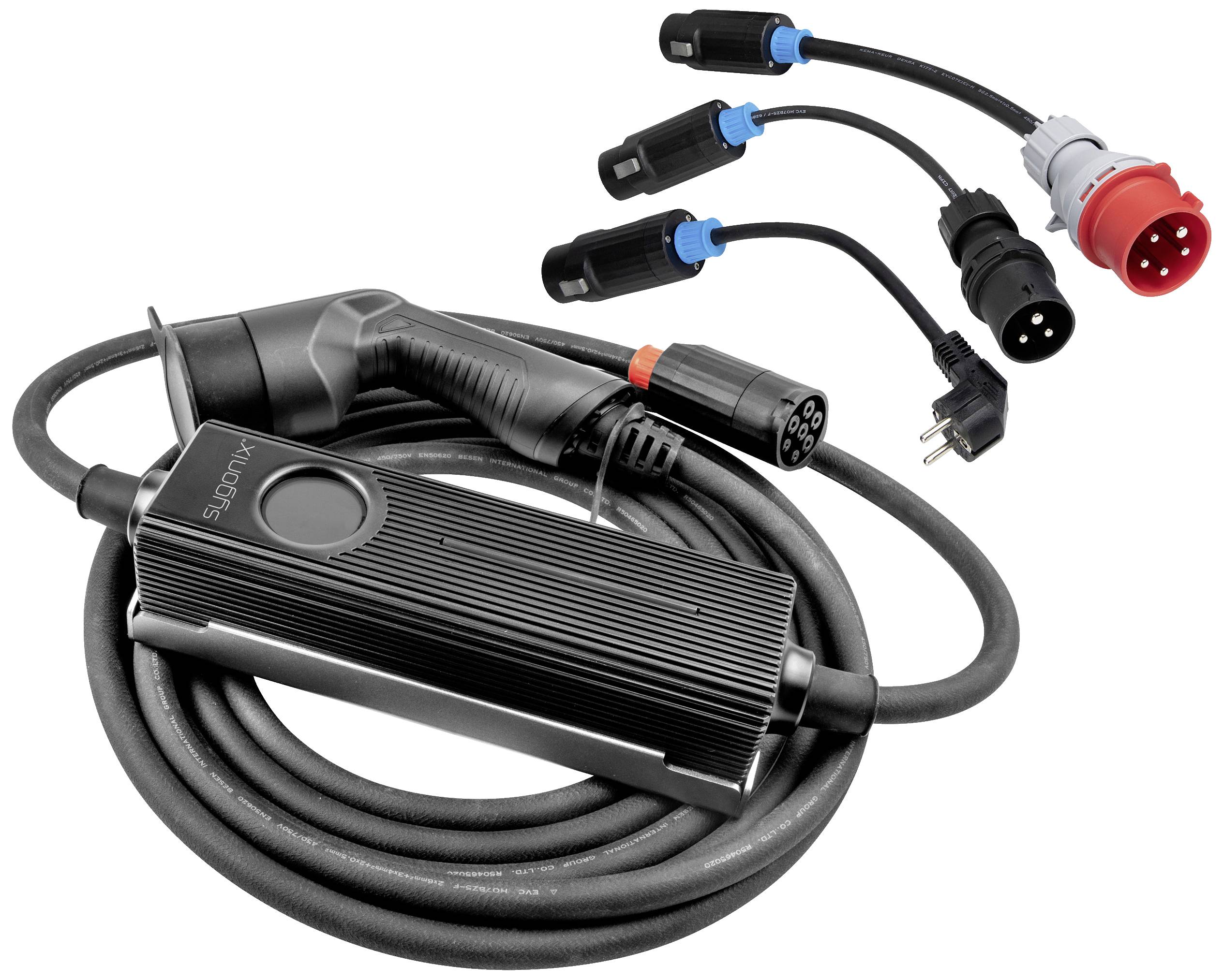 Electric vehicle charging cable with multiple plug adapters for different socket types. Suitable for flexible charging on the go.