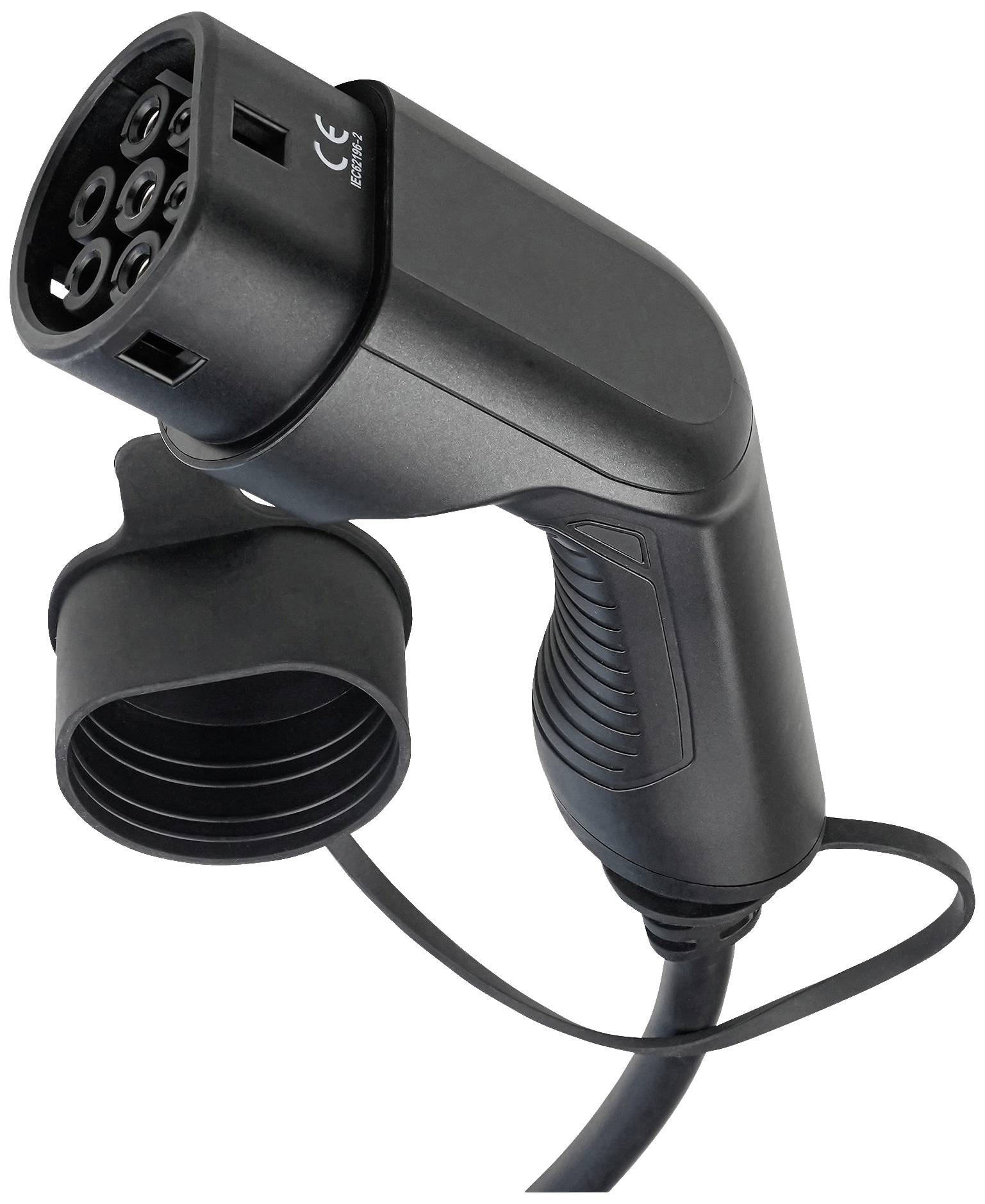 Black and ivory-coloured electric vehicle charging plug with a protective cap, showing a side view of the plug and connected cable.