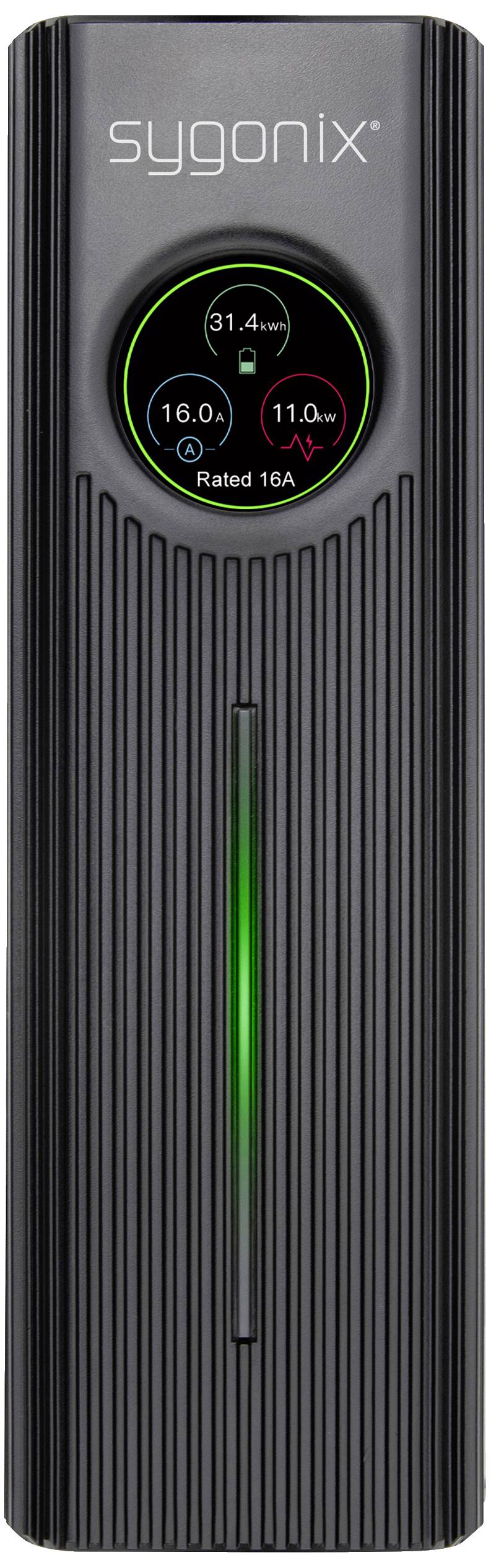 Black sygonix charger with digital display showing current, voltage, and power. LED bar illuminates green.