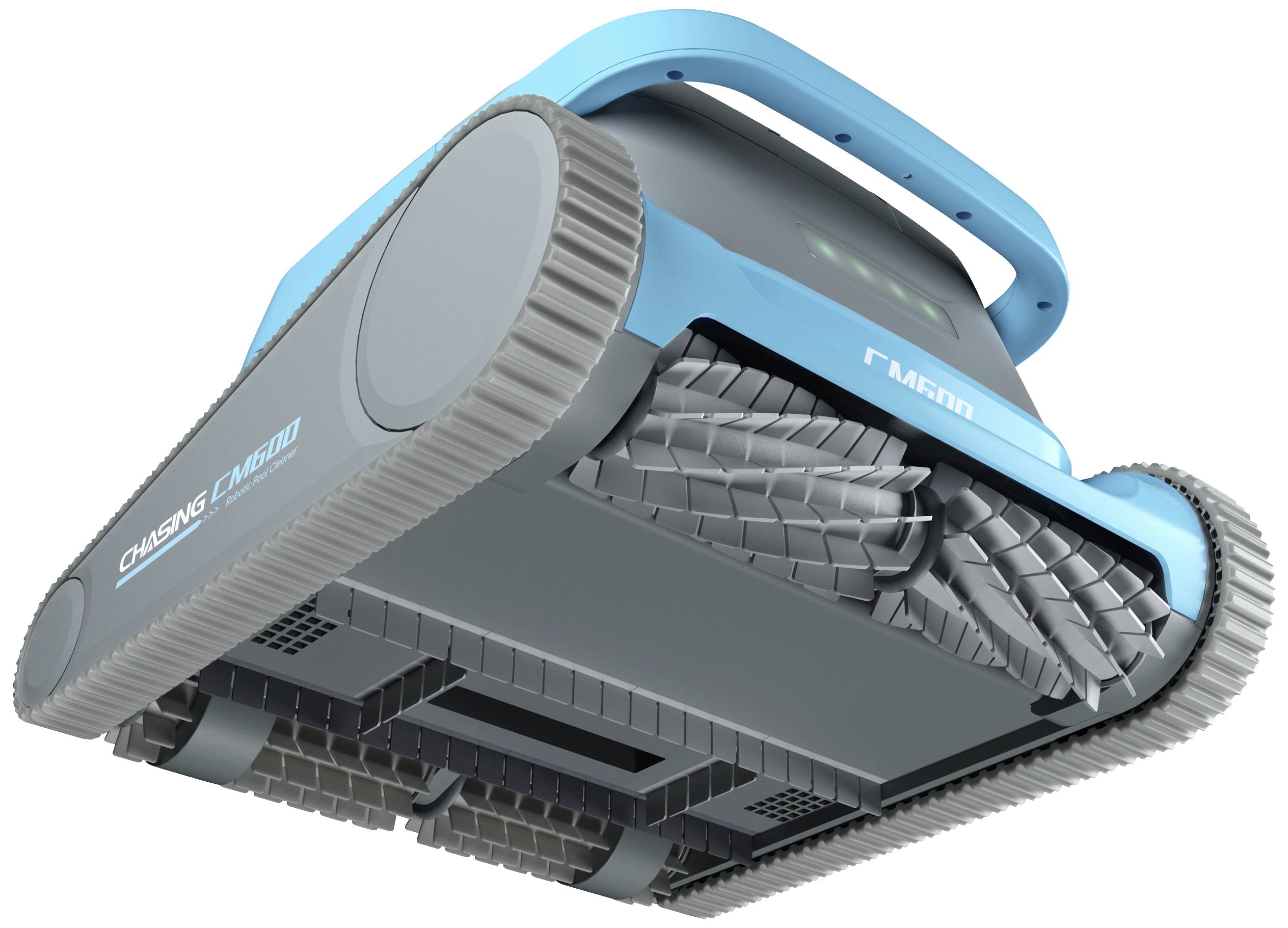 A blue pool cleaning robot with grey caterpillar tracks and brushes. Suitable for automatic cleaning of pool floors.