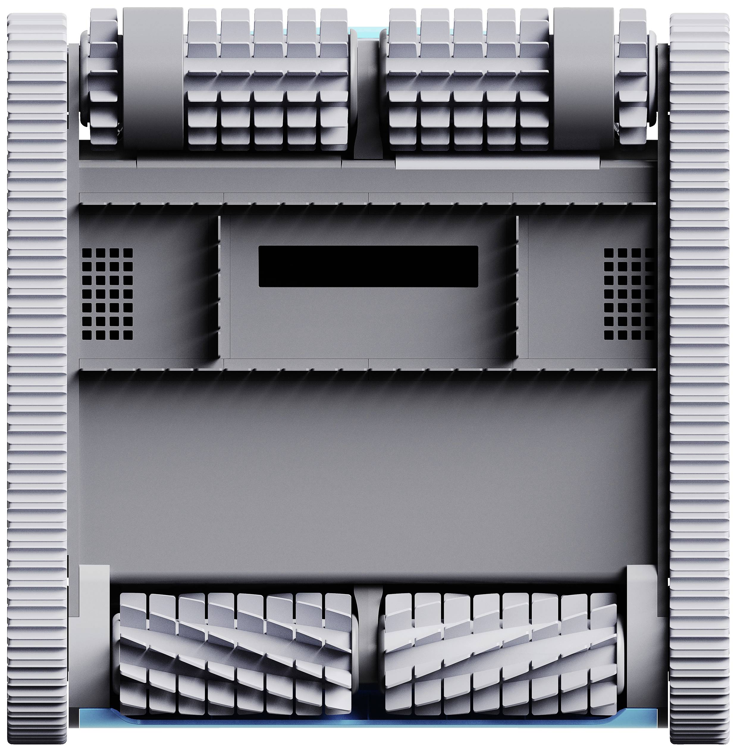 A grey, mechanical robot with caterpillar tracks and a rectangular screen on its top. Technical design.