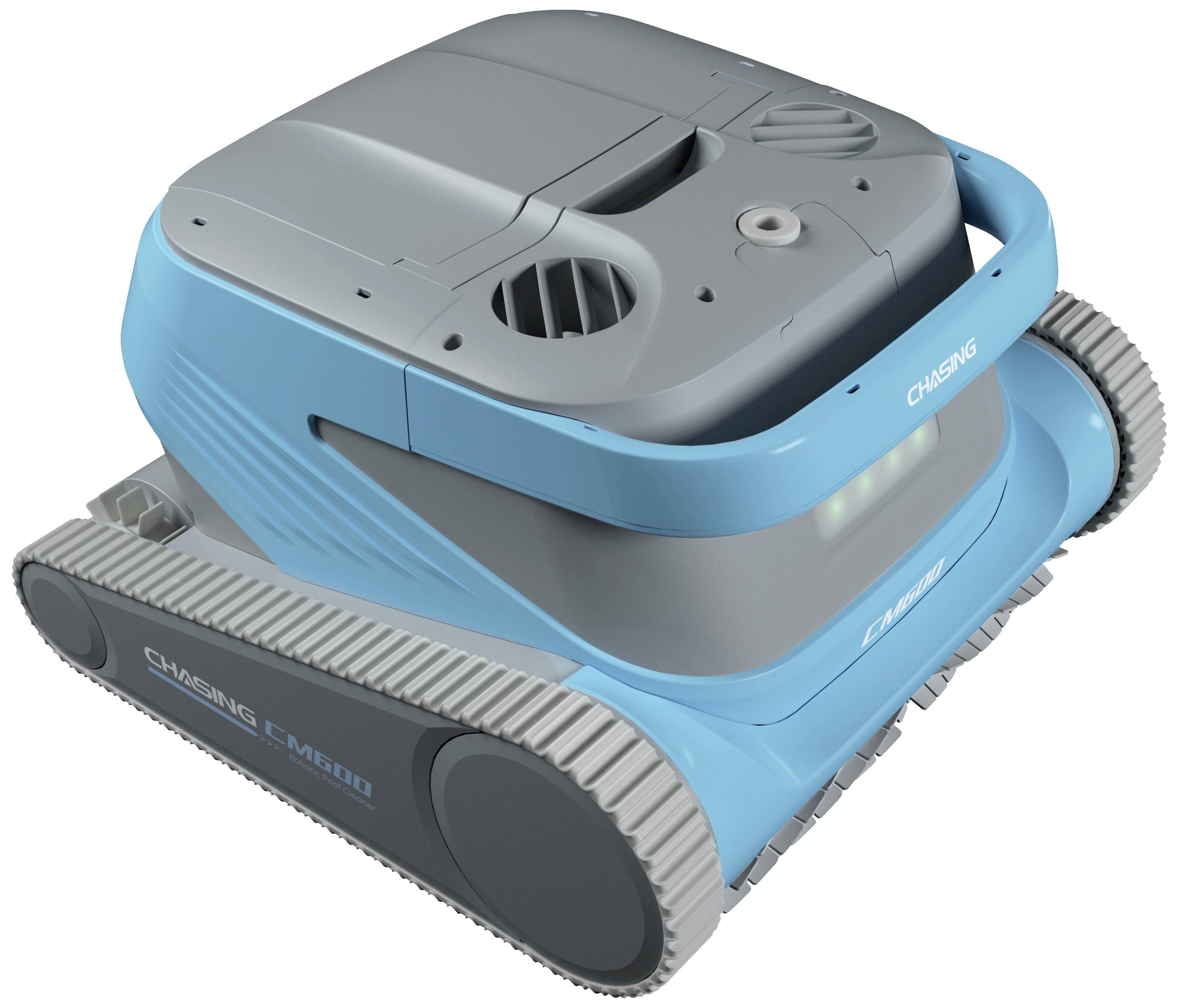 A blue and grey pool cleaning robot with tracked wheels.
