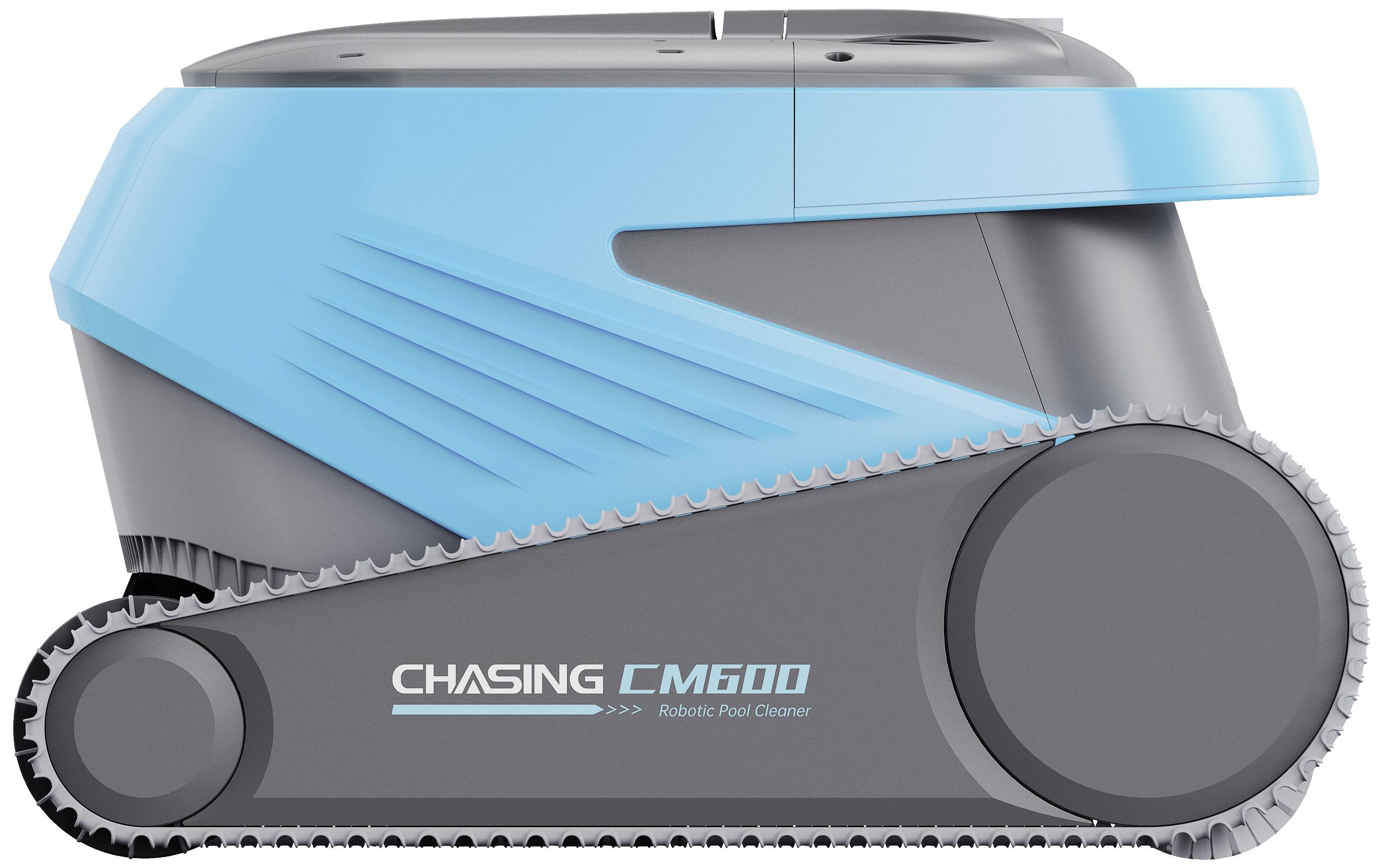 A blue and grey robotic pool cleaner with the model name 'CHASING CM600', equipped with track drive.
