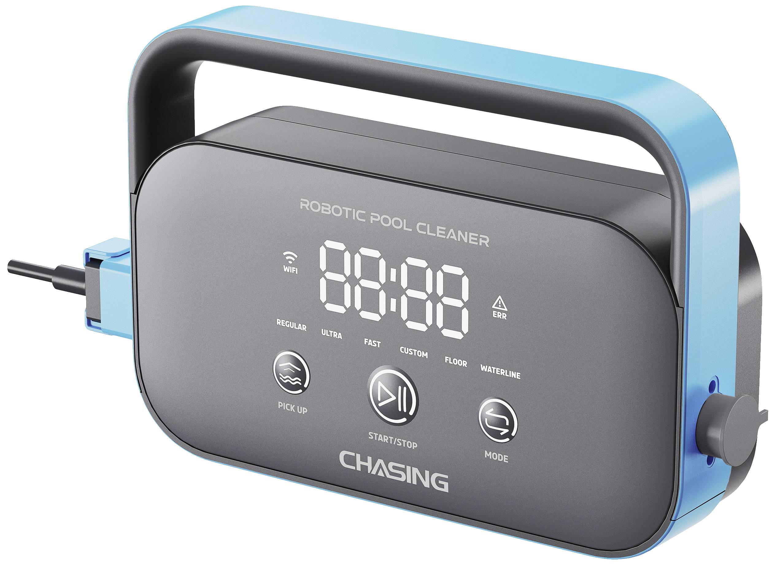 A portable device with a blue handle, display, and control buttons. Label on the display: 'Robotic Pool Cleaner'.