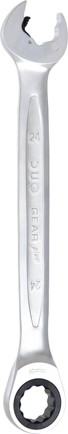A silver ratchet spanner. Open-ended fork at the top, circular ratchet end at the bottom. Marked '24'.