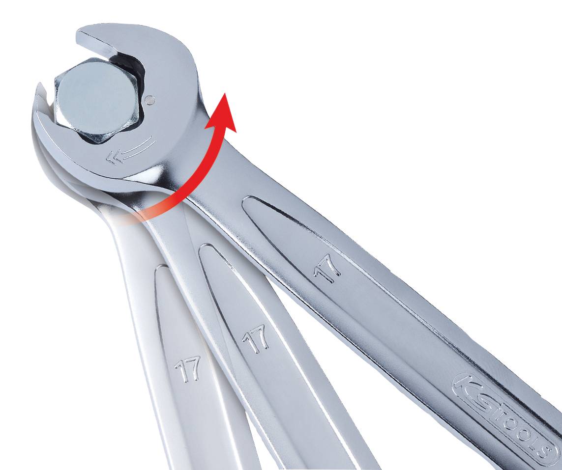 An adjustable spanner is turning a nut clockwise. The spanner is set to size 17.