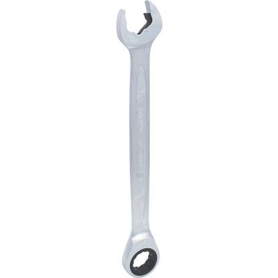 Silver adjustable spanner with ratchet function, 27 mm diameter, for mechanical work.