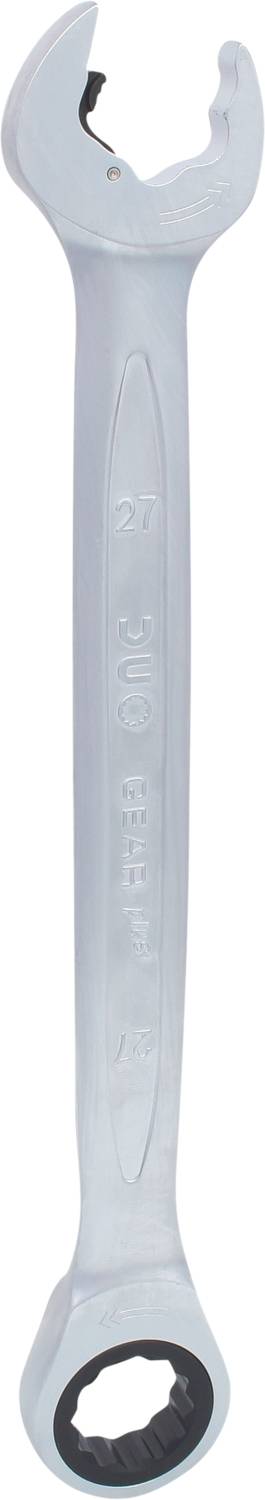 A silver spanner with an open-ended and a ring-ended side, both manufactured from metal.