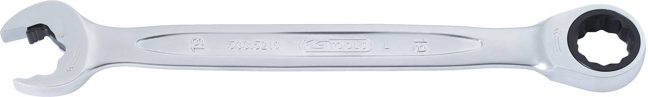 Ratchet spanner with silver finish, showing the open ring end on the left and the closed ratchet head on the right.