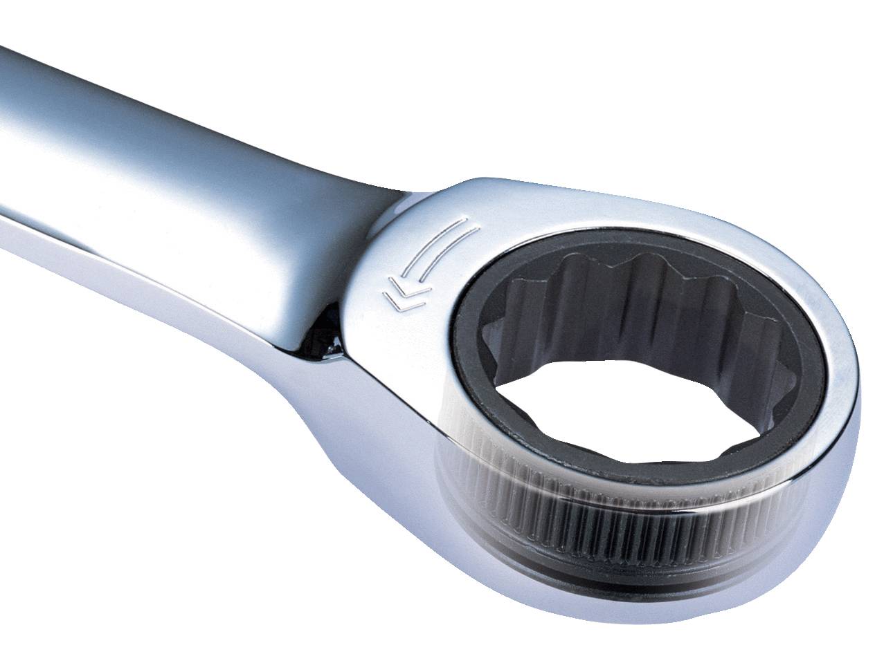 Close-up of a chrome-plated ratchet ring spanner, suitable for loosening or tightening nuts.