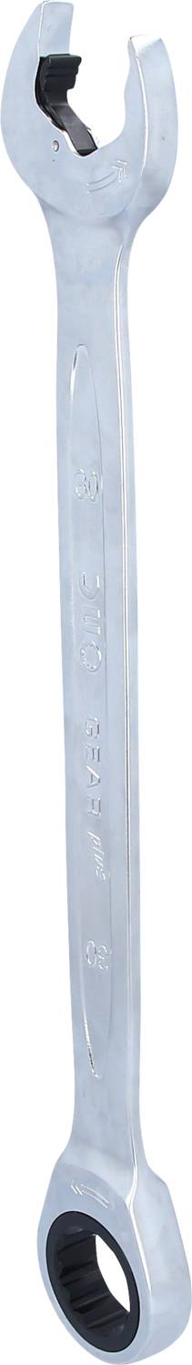 A silver spanner with an open-end and ring end, used for tightening or loosening bolts and nuts.