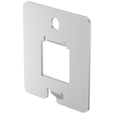 'Metal plate with rectangular cut-out, suitable for socket cover. Silver finish, round hole at the top as a mounting point.'