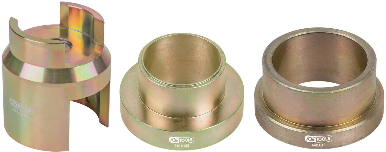 Three metal adapters in different shapes and sizes, used for repairs or assembly work in automotive engineering.