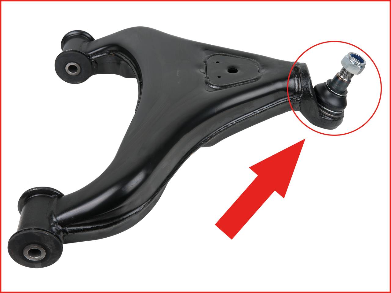 A black wishbone suspension arm with a red-highlighted ball joint, emphasised by a red circle and arrow, shows an important component.