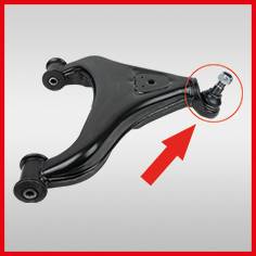 Black wishbone suspension arm with a red arrow and circle highlighting the ball joint. Automotive part on a grey background.