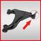 Black wishbone suspension arm with a red arrow and circle highlighting the ball joint. Automotive part on a grey background.
