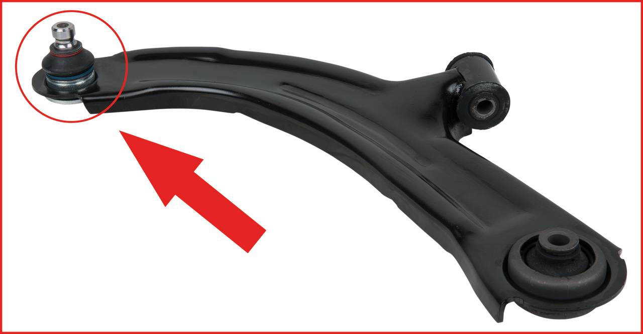 Black wishbone suspension arm with a red arrow pointing to the ball joint, highlighted with a red circle.