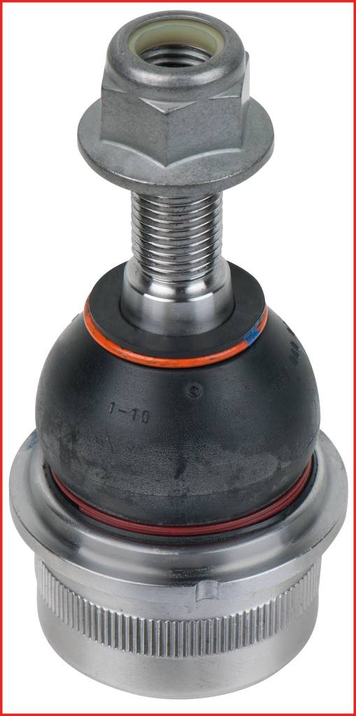 Ball joint with metallic thread and black casing, with a screw nut on top. Used in vehicle suspension systems.