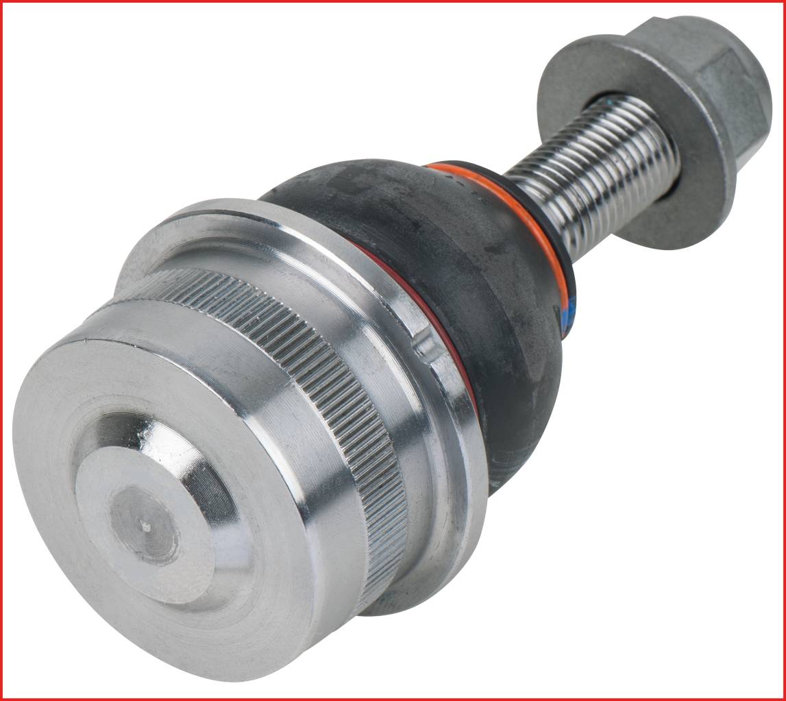 Silver and black ball joint with threaded bolt and nut. Mechanical automotive part, showing one end of the joint.