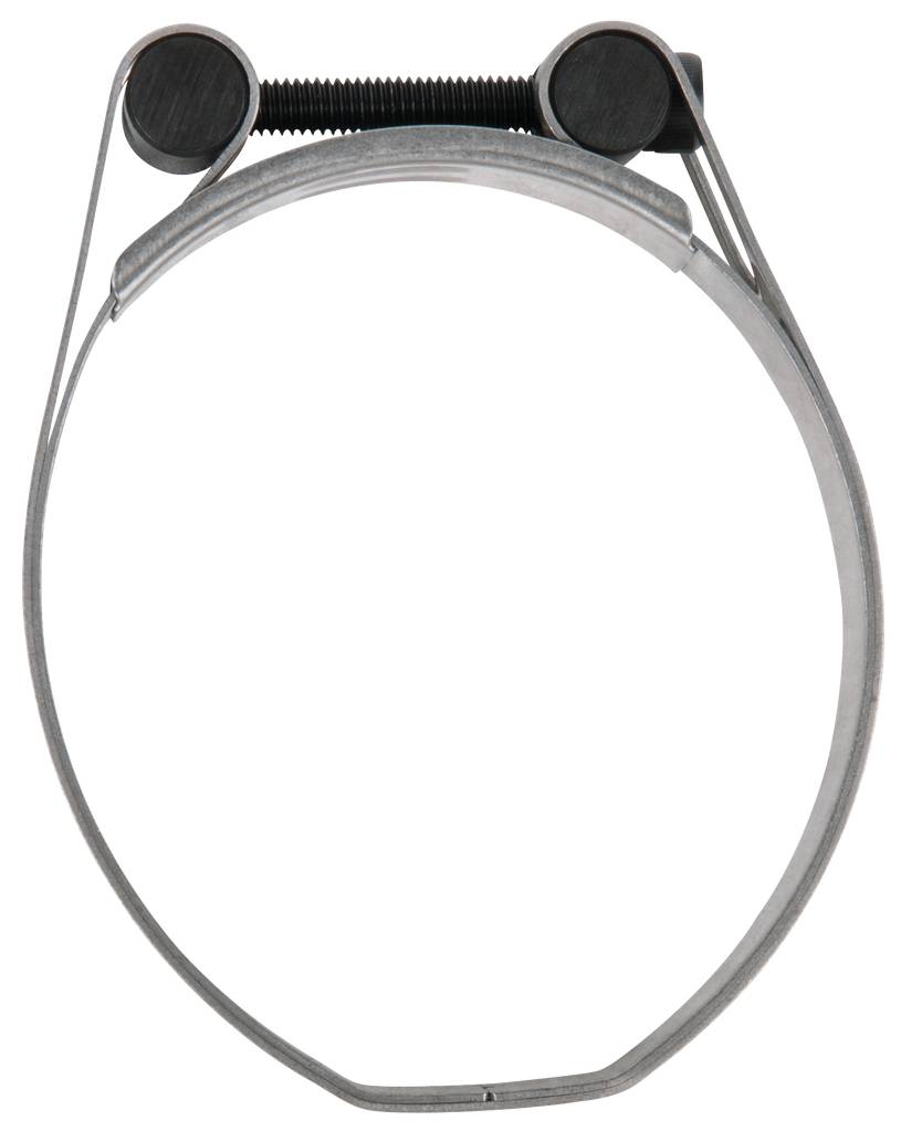 Metal pipe clip with screw mechanism, used for fixing or securing hoses or pipes.