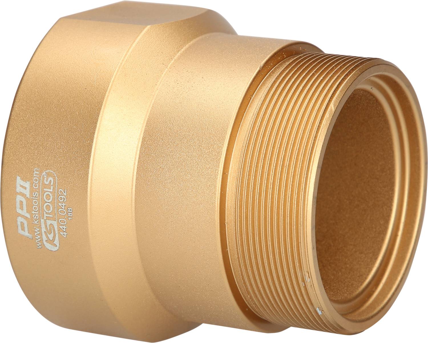'Gold-coloured, cylindrical adapter with external thread, used for connecting pipes or hoses in plumbing systems.'