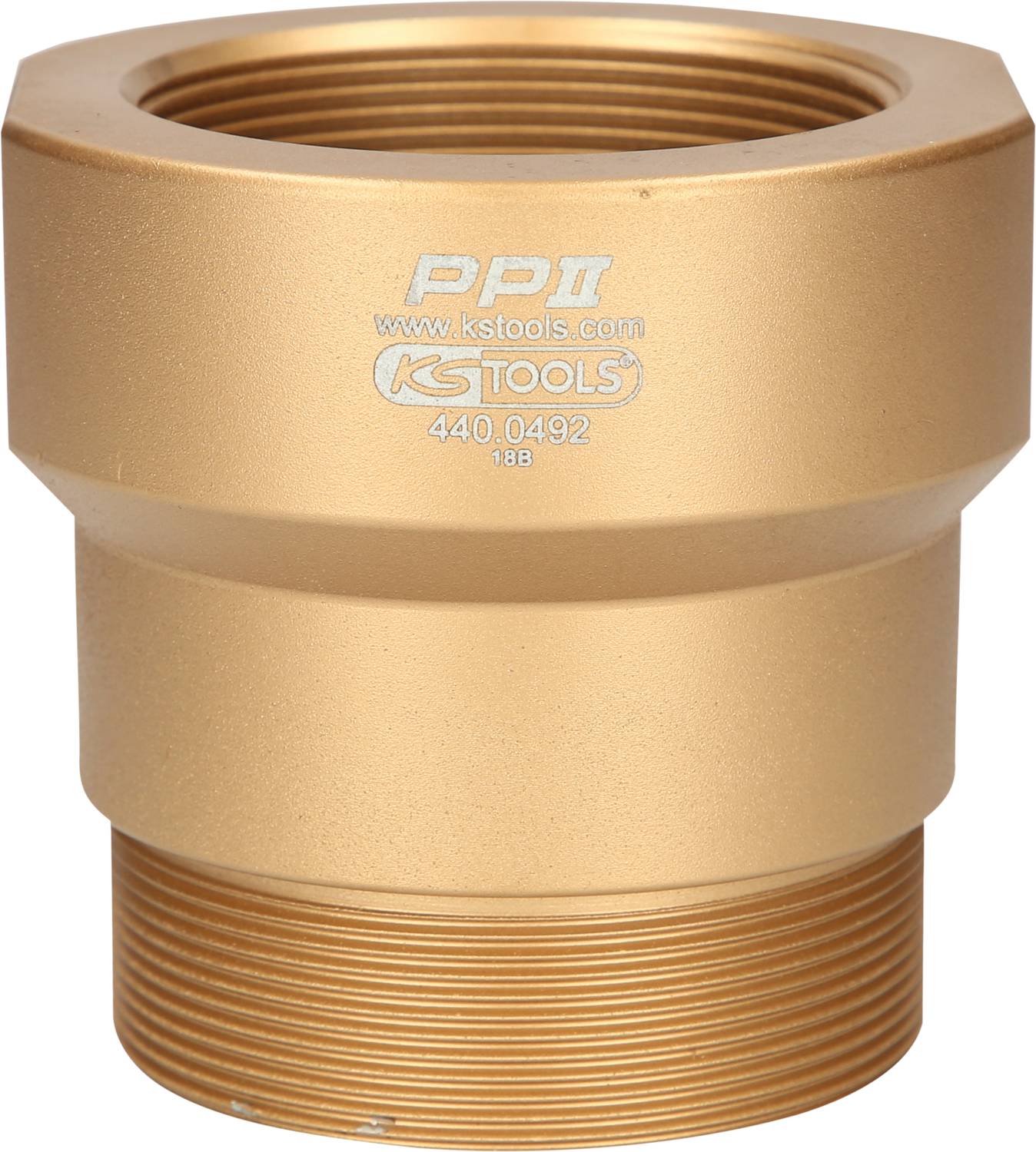 A gold-coloured tool component with the inscription 'KS Tools' and '440.0492'. Upper section with a larger thread diameter.