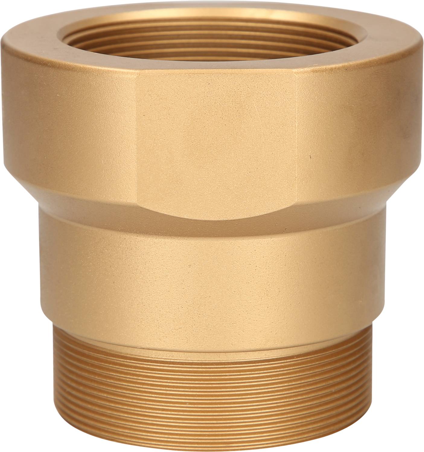 Metallic, brass-coloured pipe thread with a hexagonal surface, used for connections in pipe installations.
