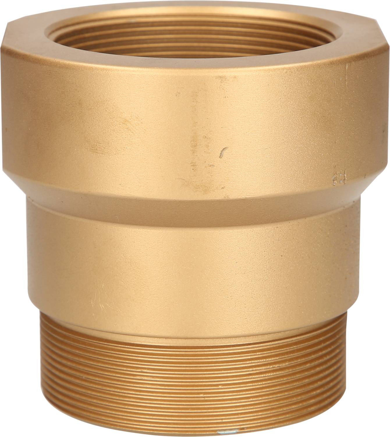 Golden metal screw fitting, cylindrical in shape with external threading at the bottom. Typical component for pipe connections in plumbing installations.