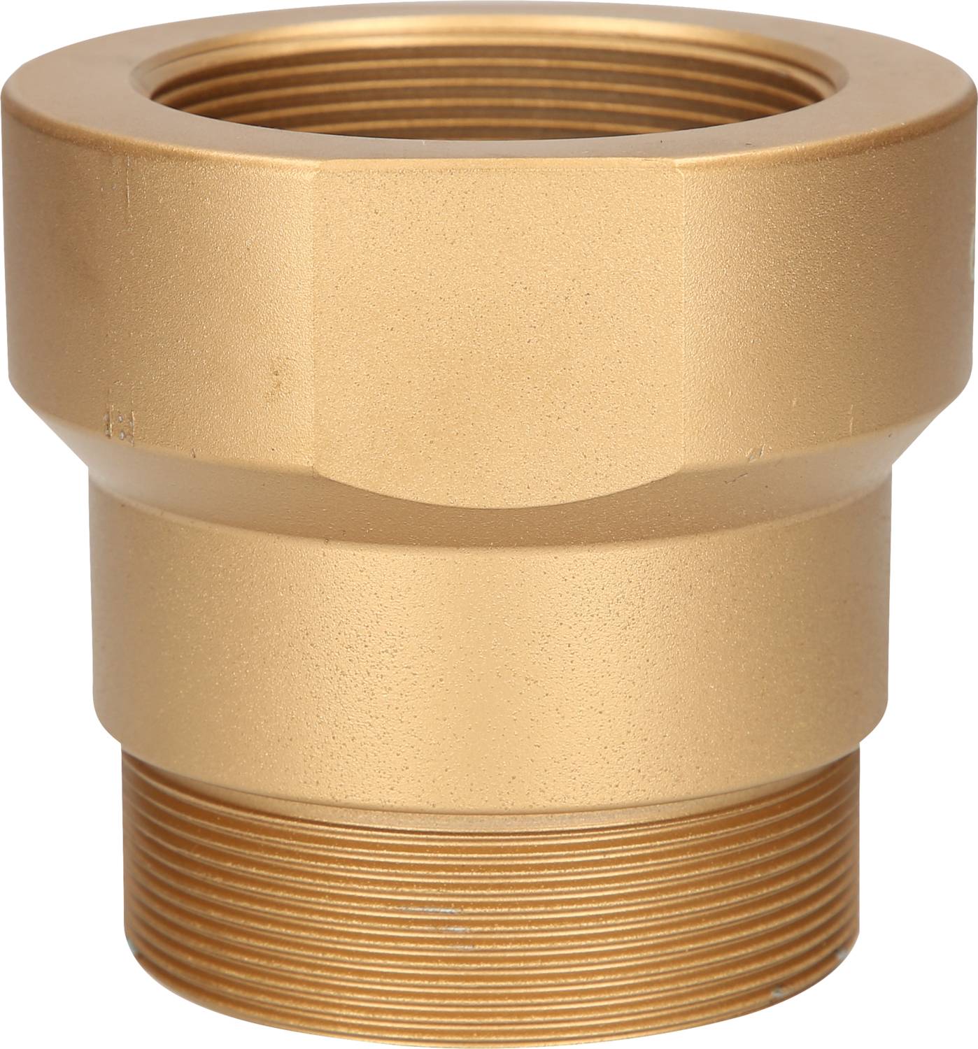 Brass adapter with external thread at the bottom and internal thread at the top, for connecting pipework in plumbing installations.