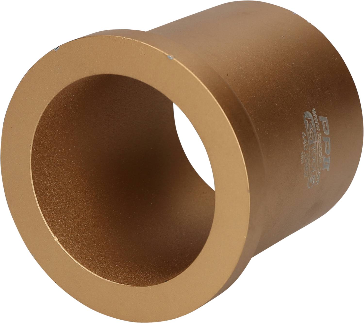 A brown, metallic cylindrical sleeve, shown tilted to the side, with a company logo on the surface.