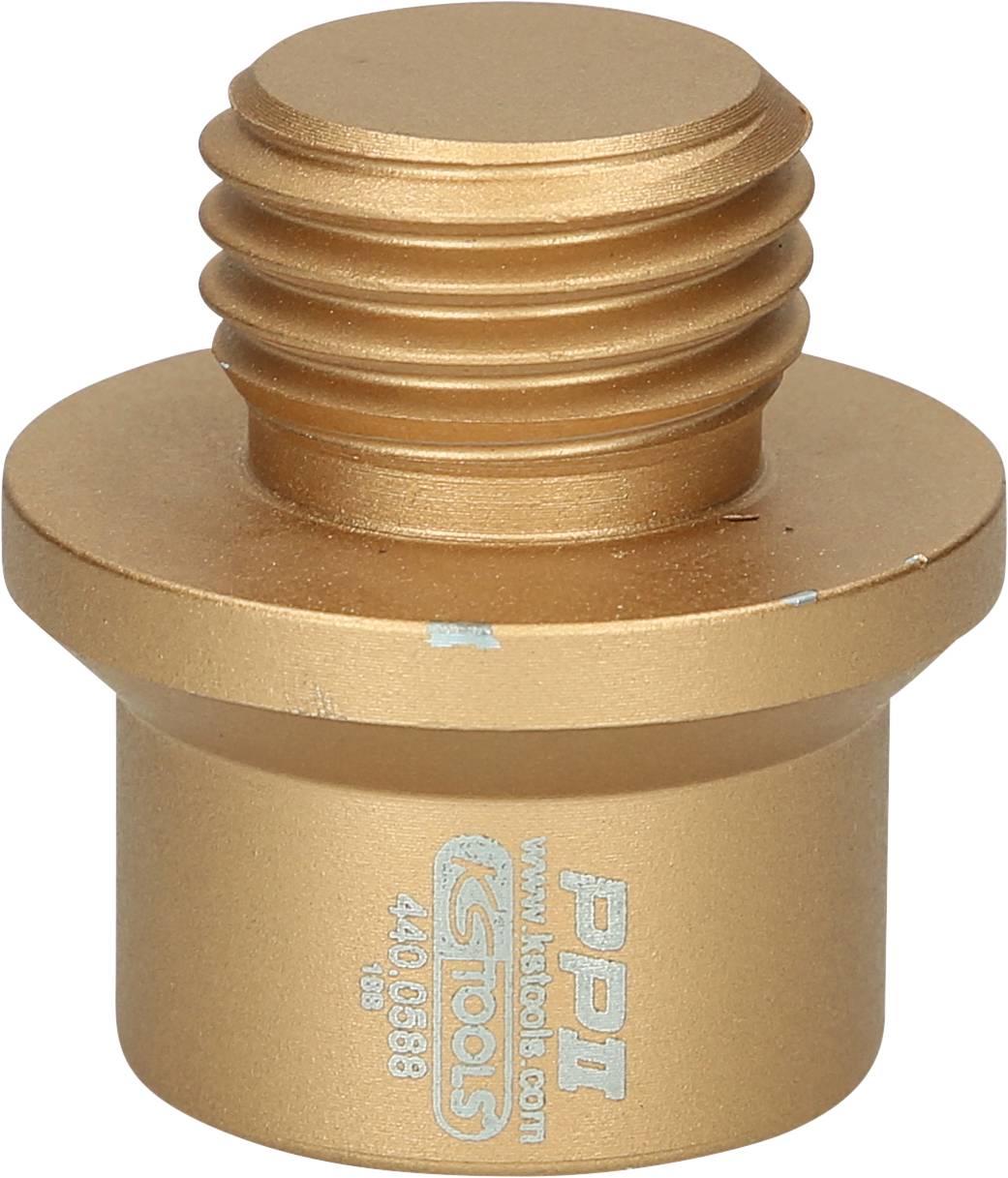 Golden, cylindrical metal component with threading, engraved with 'PPI' and 'ks tools'. Used for machine or tool fastenings.