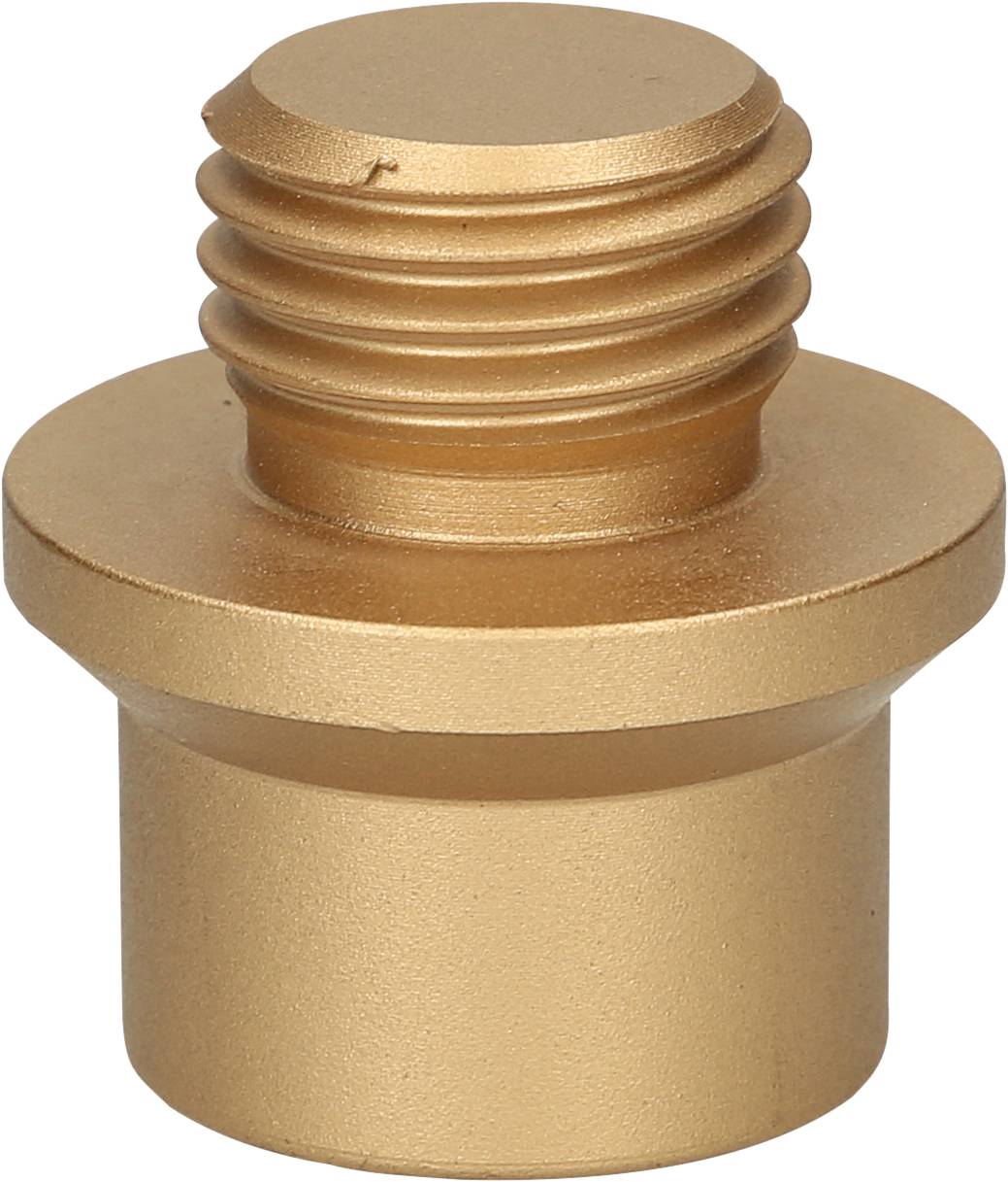 Golden metal adapter with internal and external threads for connecting two different screw systems.