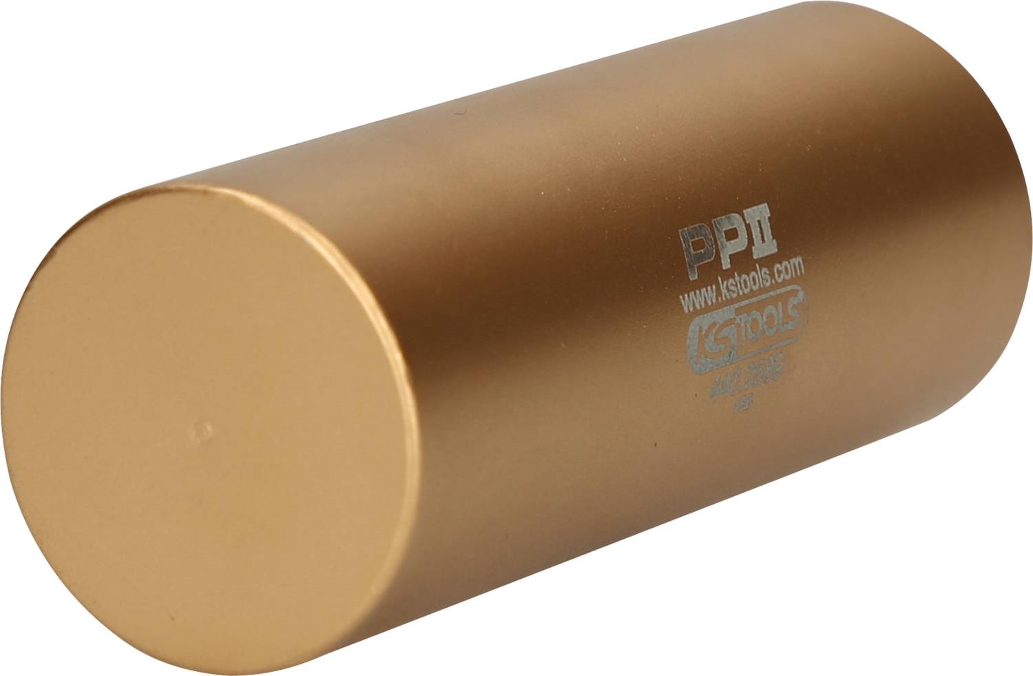 A cylindrical, golden tool with an inscription, presumably a specialist tool from KS TOOLS, on a white surface.