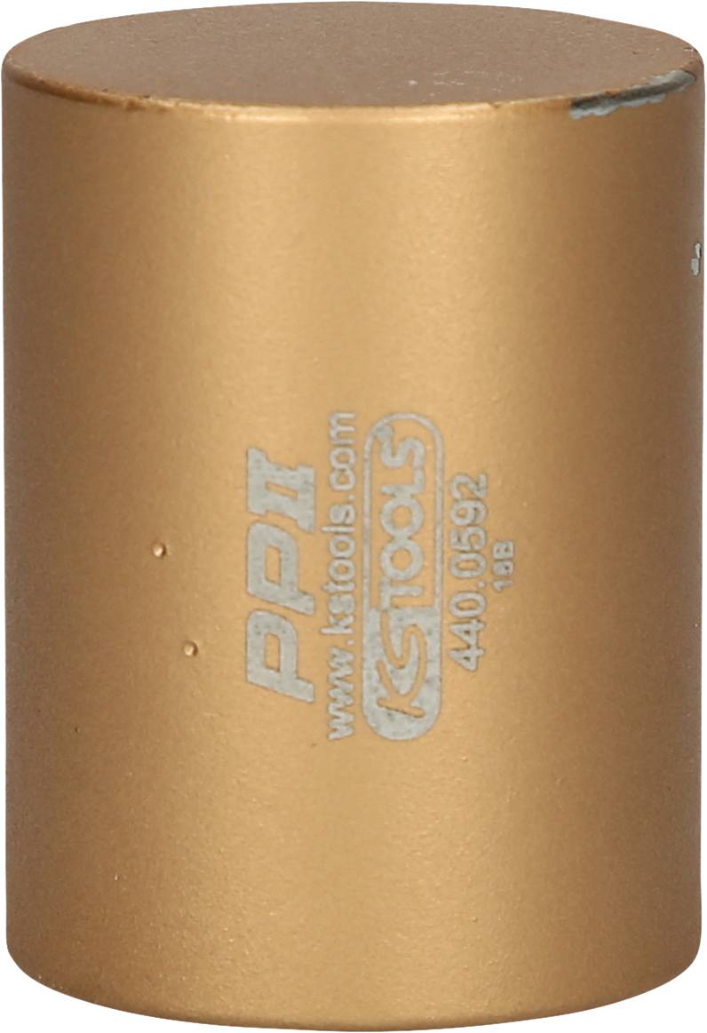 A gold-coloured socket wrench with the inscription 'KS TOOLS' and 'PPI', cylindrical in shape, for use in workshop equipment.